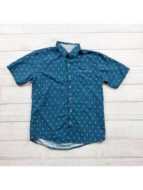Craft + Flow Boys Button Up Palm Print Shirt Blue Short Sleeve L 14-16
